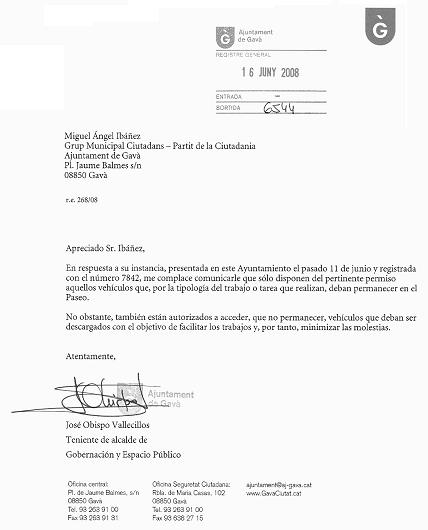 Resposta de l'Ajuntament de Gav&agrave; a la pregunta de C's-Gav&agrave; sobre la invasi&oacute; del passeig mar&iacute;tim per part de determinats vehicles que participen en esdeveniments al passeig mar&iacute;tim de Gav&agrave; Mar (16 de Juny de 2008)